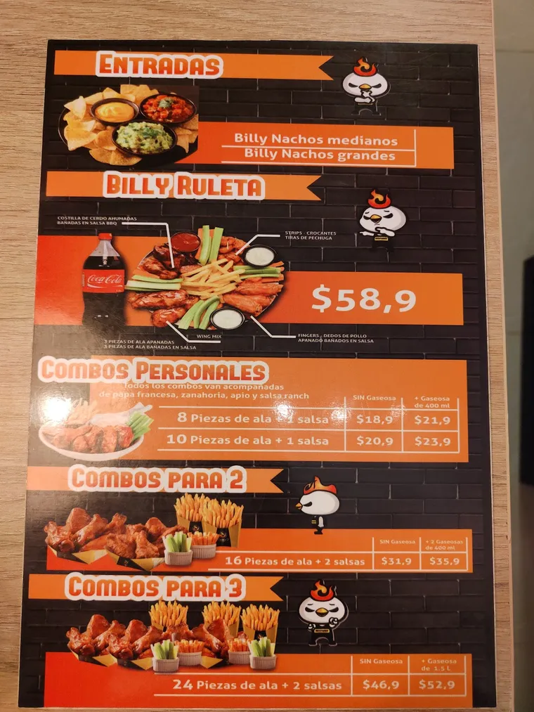 Carta impresa de Billy Wings en el local, con entradas, Billy Ruleta y combos