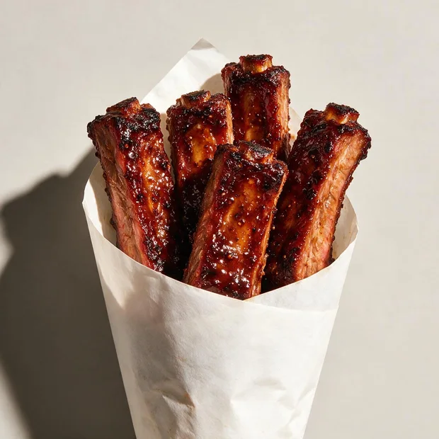Cono de costillas de cerdo ahumadas con glaseado oscuro