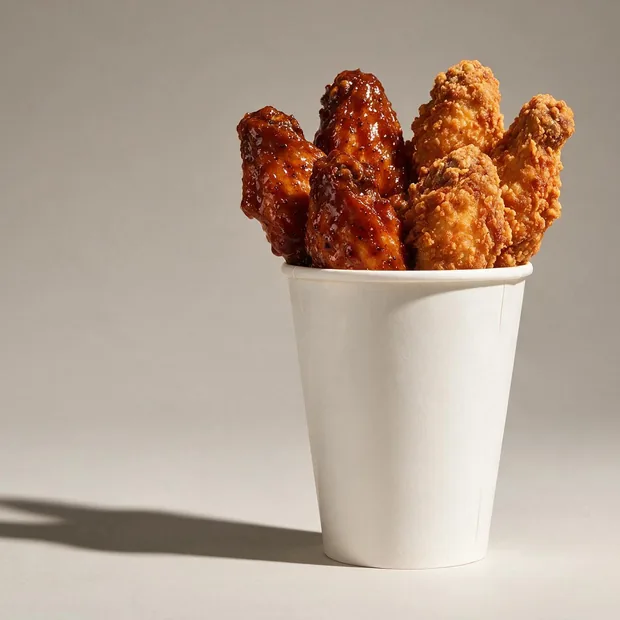 Cono de papel con tres alitas en salsa y tres alitas broaster crocantes