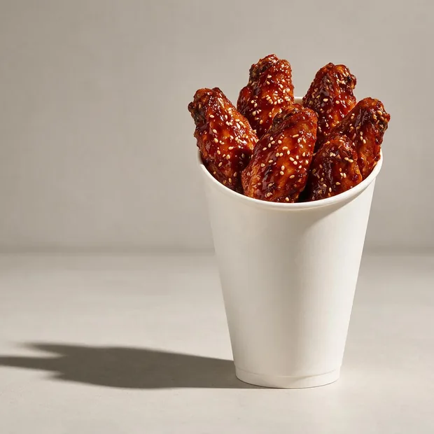 Cono de papel con seis alitas glaseadas en salsa BBQ